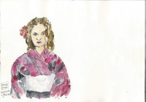 Akwarelowy autoportret w różowo-fioletowej jukacie z szerokim białym pasem i kwiatową ozdobą we włosach.