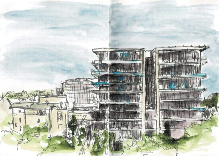 Szkic tuszem i akwarelą przedstawiający panoramę Lublina oglądaną z Centrum Spotkania Kultur.